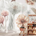 Pastelowe Love bloemenbehang wildflowers mural voor de kinderkamer meisjeskamer babykamer roze 