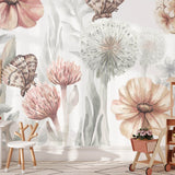 Pastelowe Love bloemenbehang wildflowers mural voor de kinderkamer meisjeskamer babykamer roze 