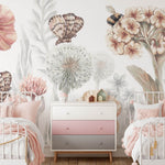 Pastelowe Love bloemenbehang wildflowers mural voor de kinderkamer meisjeskamer babykamer roze 
