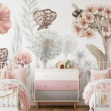 Pastelowe Love bloemenbehang wildflowers mural voor de kinderkamer meisjeskamer babykamer roze 