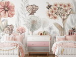 Pastelowe Love bloemenbehang wildflowers mural voor de kinderkamer meisjeskamer babykamer roze 