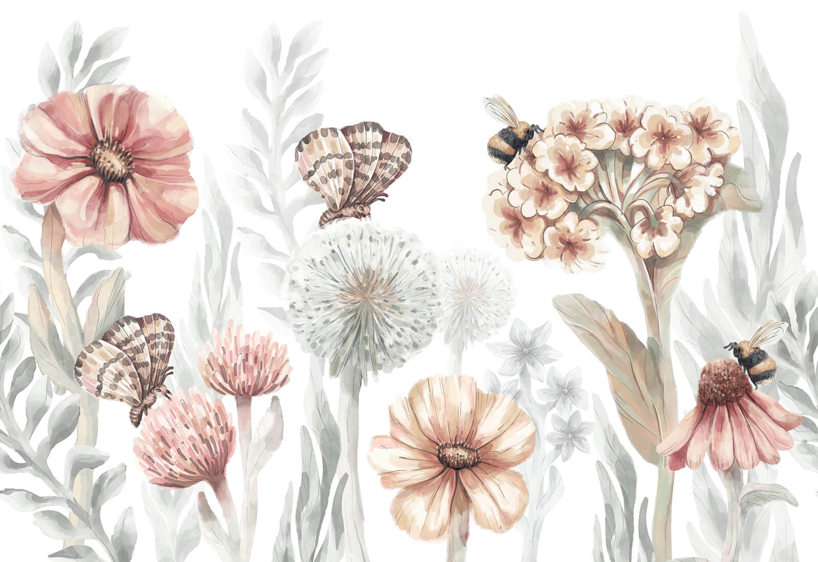 Pastelowe Love bloemenbehang wildflowers mural voor de kinderkamer meisjeskamer babykamer roze 