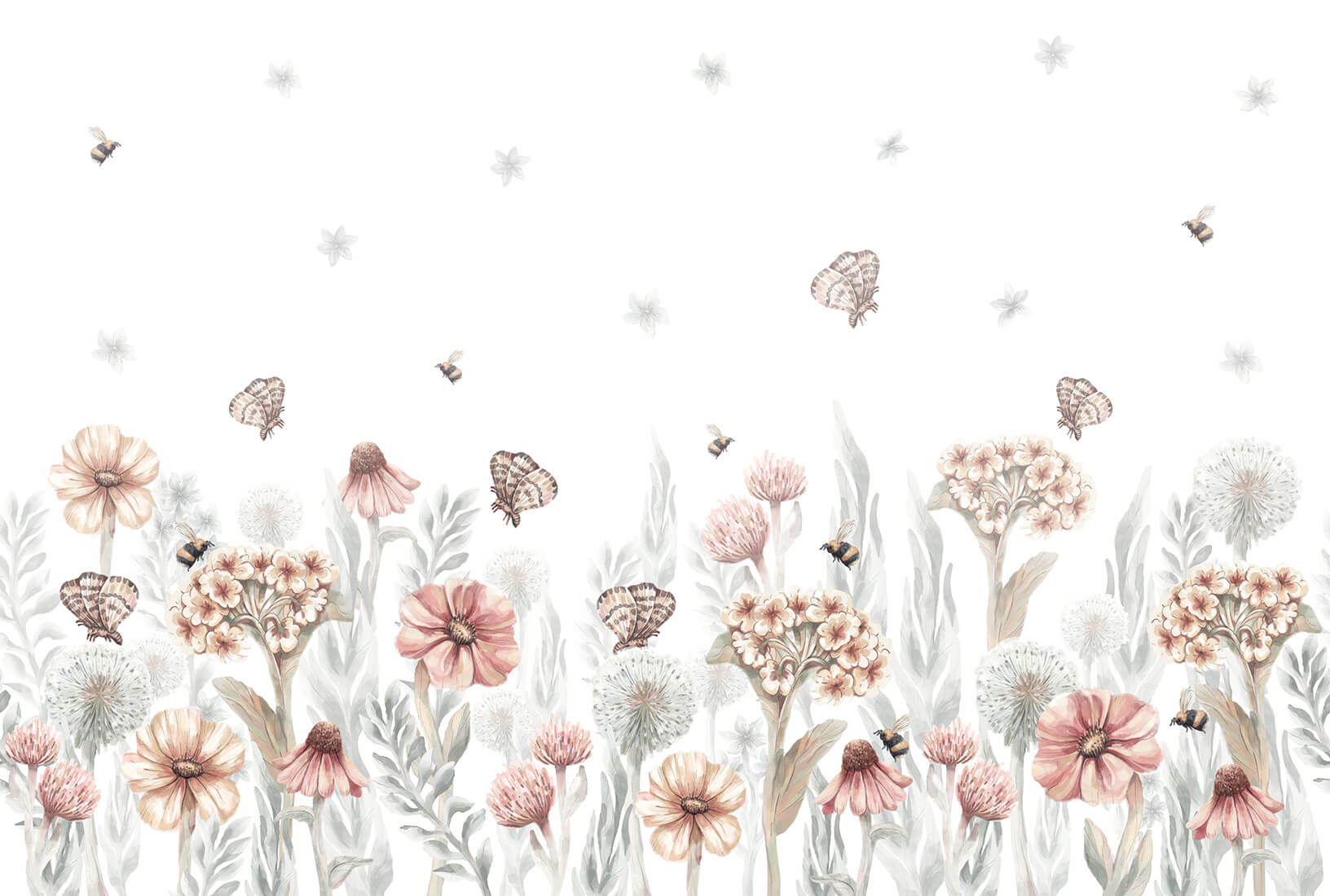Pastelowe Love bloemenbehang wildflowers mural voor de kinderkamer meisjeskamer babykamer roze 