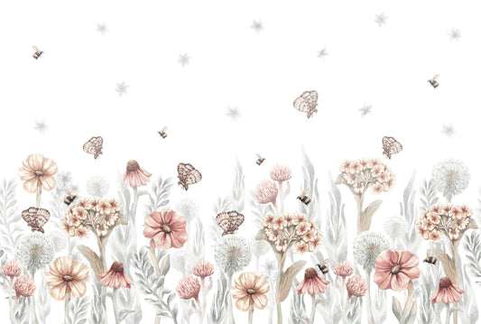 Pastelowe Love bloemenbehang wildflowers mural voor de kinderkamer meisjeskamer babykamer roze 