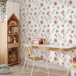 Pastelowe Love Wildflowers bloemenbehang voor meisjeskamer wit roze groen 