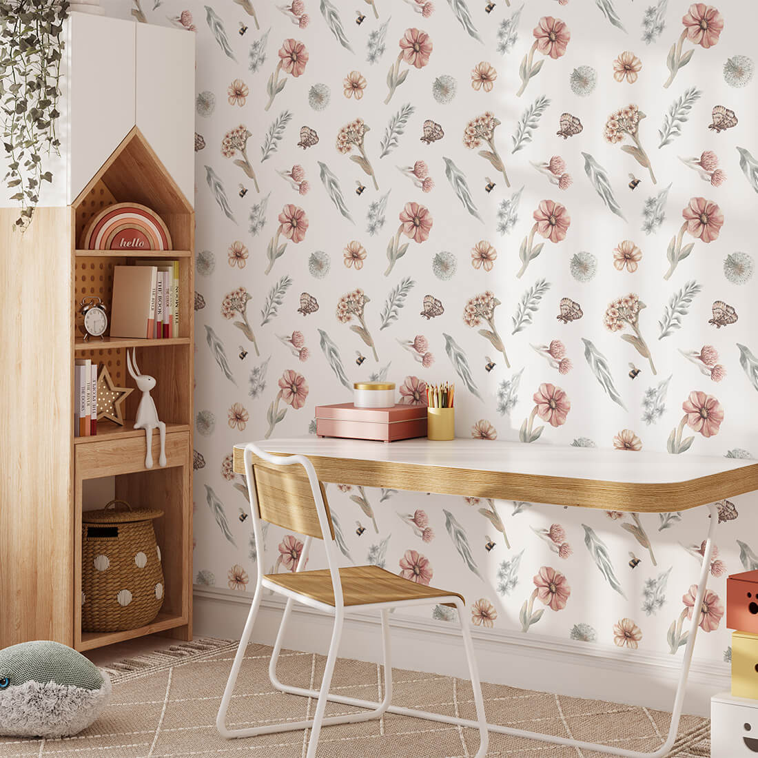 Pastelowe Love Wildflowers bloemenbehang voor meisjeskamer wit roze groen 