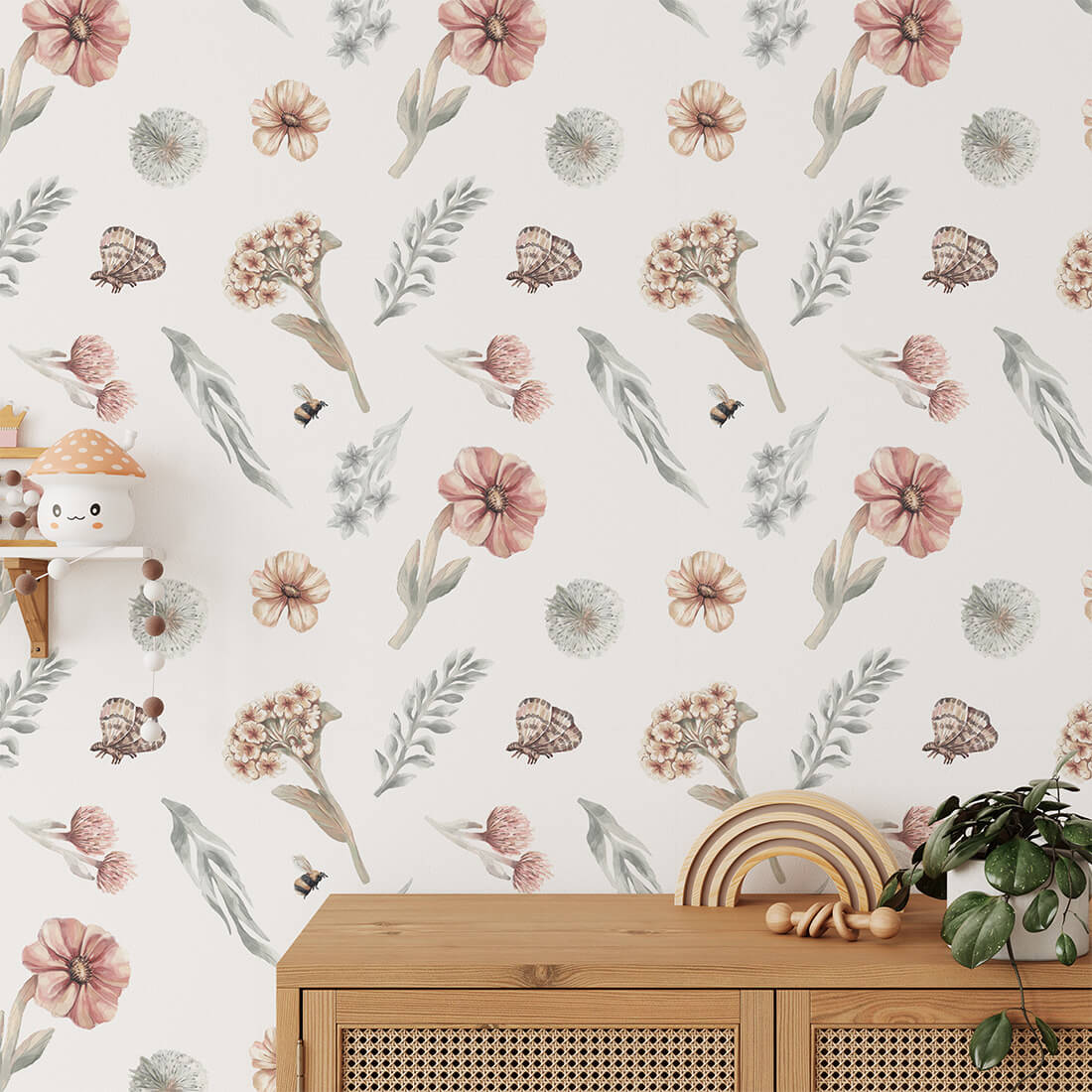 Pastelowe Love Wildflowers bloemenbehang voor meisjeskamer wit roze groen 