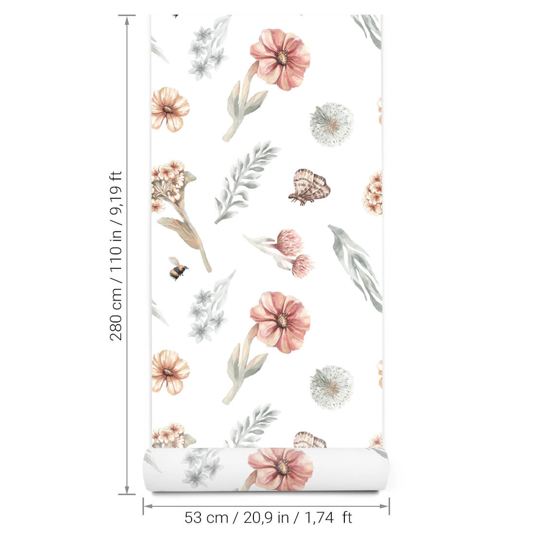 Pastelowe Love Wildflowers bloemenbehang voor meisjeskamer wit roze groen 
