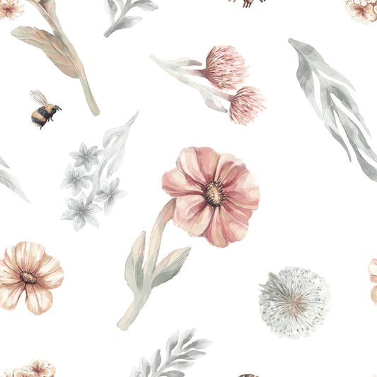 Pastelowe Love Wildflowers bloemenbehang voor meisjeskamer wit roze groen 