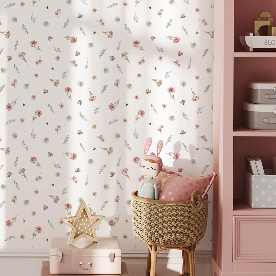 Pastelowe Love Wildflowers bloemenbehang voor meisjeskamer wit roze groen 
