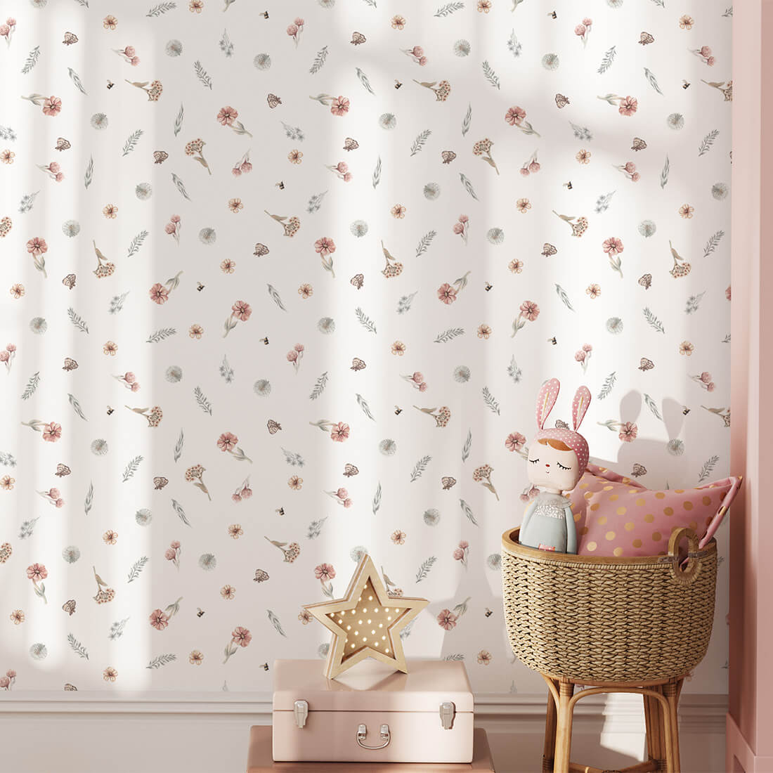 Pastelowe Love Wildflowers bloemenbehang voor meisjeskamer wit roze groen 