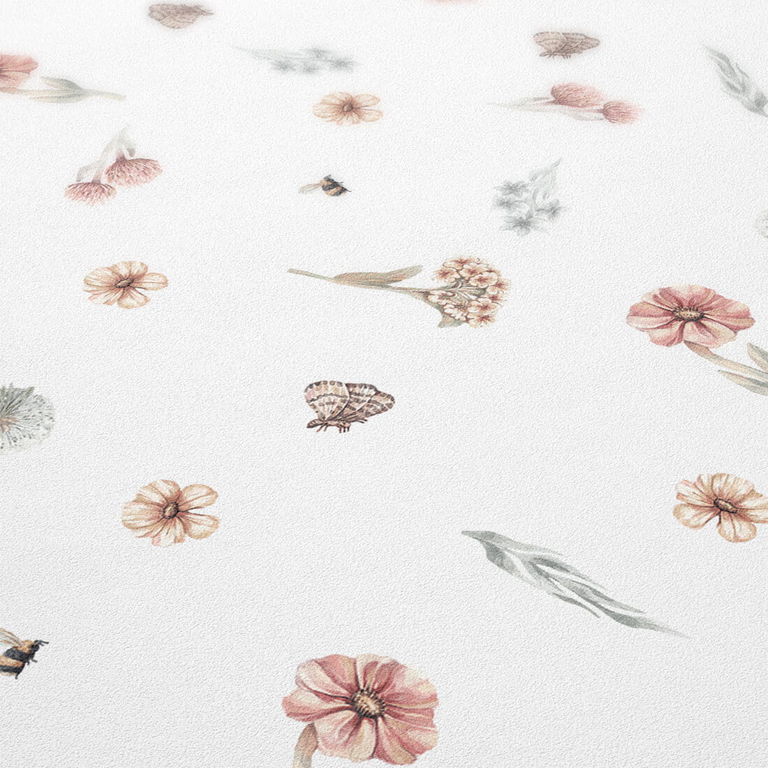 Pastelowe Love Wildflowers bloemenbehang voor meisjeskamer wit roze groen 