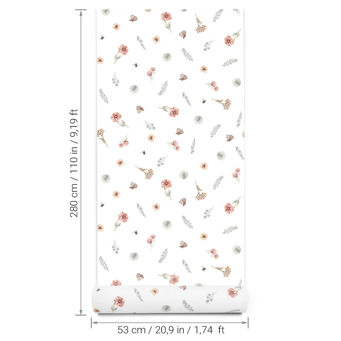 Pastelowe Love Wildflowers bloemenbehang voor meisjeskamer wit roze groen 