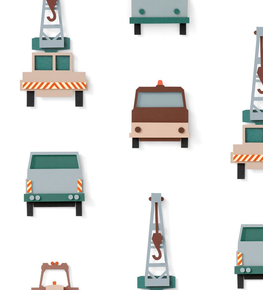 Studio Ditte behang voor de kinderkamer kraanwagens wit
