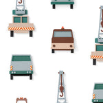 Studio Ditte behang voor de kinderkamer kraanwagens wit